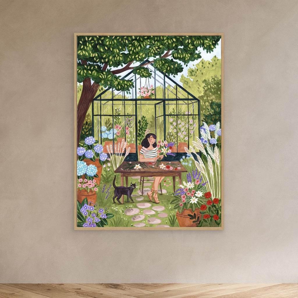 Greenhouse Garden Woman Arranging Flowers Art Print | Botanical Illustration
