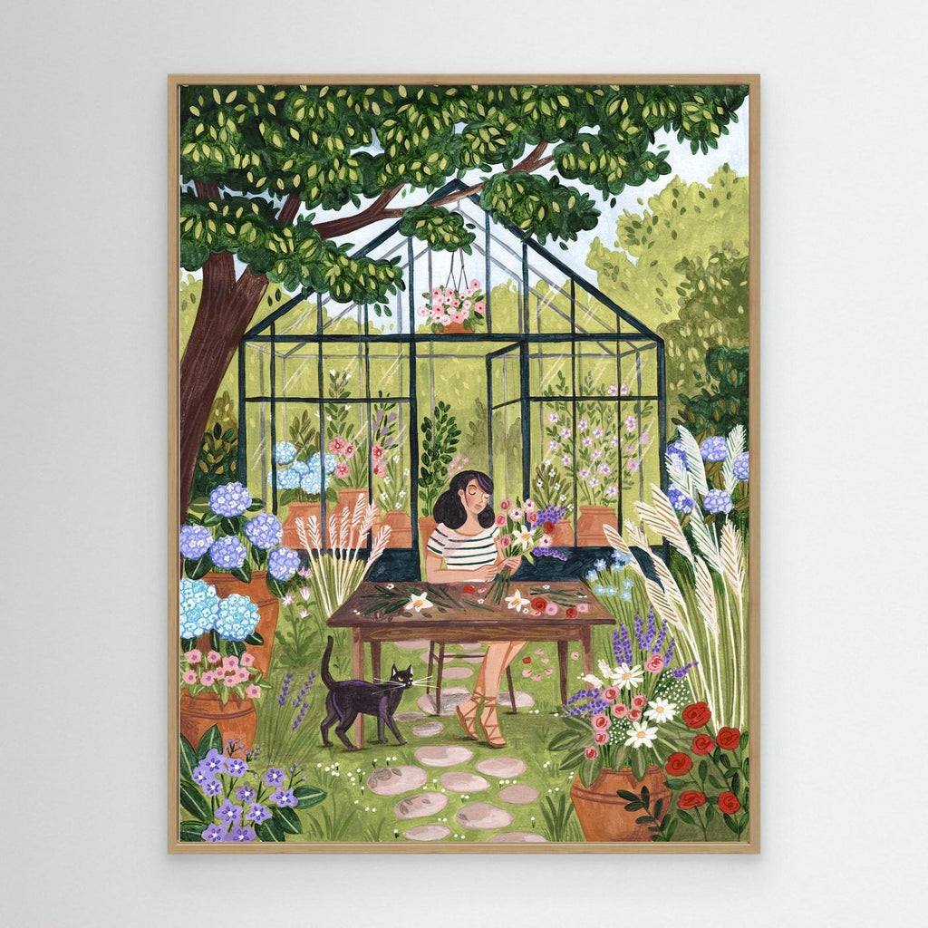 Greenhouse Garden Woman Arranging Flowers Art Print | Botanical Illustration